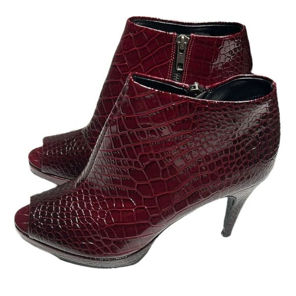 White House Black Market Paulette Burgundy Red Booties Croc Embossed Peep Toe - Picture 4 of 16